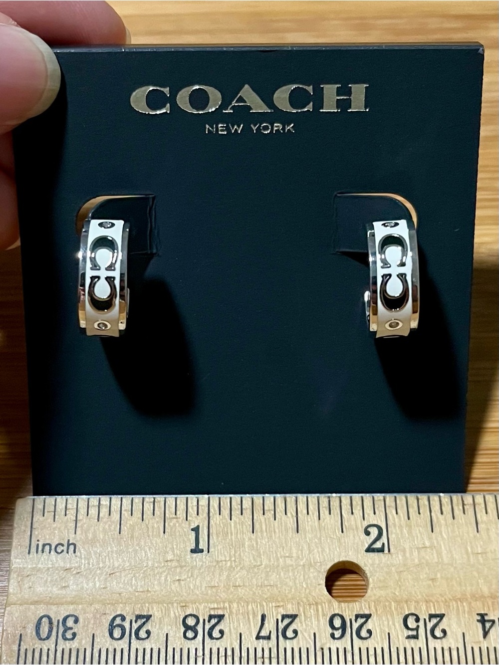 Coach Logo C Signature Huggie Hoop Earrings Silver Tone, White & Black Enamel